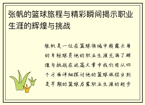 张帆的篮球旅程与精彩瞬间揭示职业生涯的辉煌与挑战